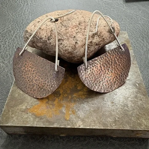 Sterling And Hammered Copper Hook Earrings Half Crescent Moon Handcrafted - Picture 2 of 6